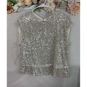 CeCe Womens Sequin Peplum Top Champagne Silver Sleeveless Party Blouse Large